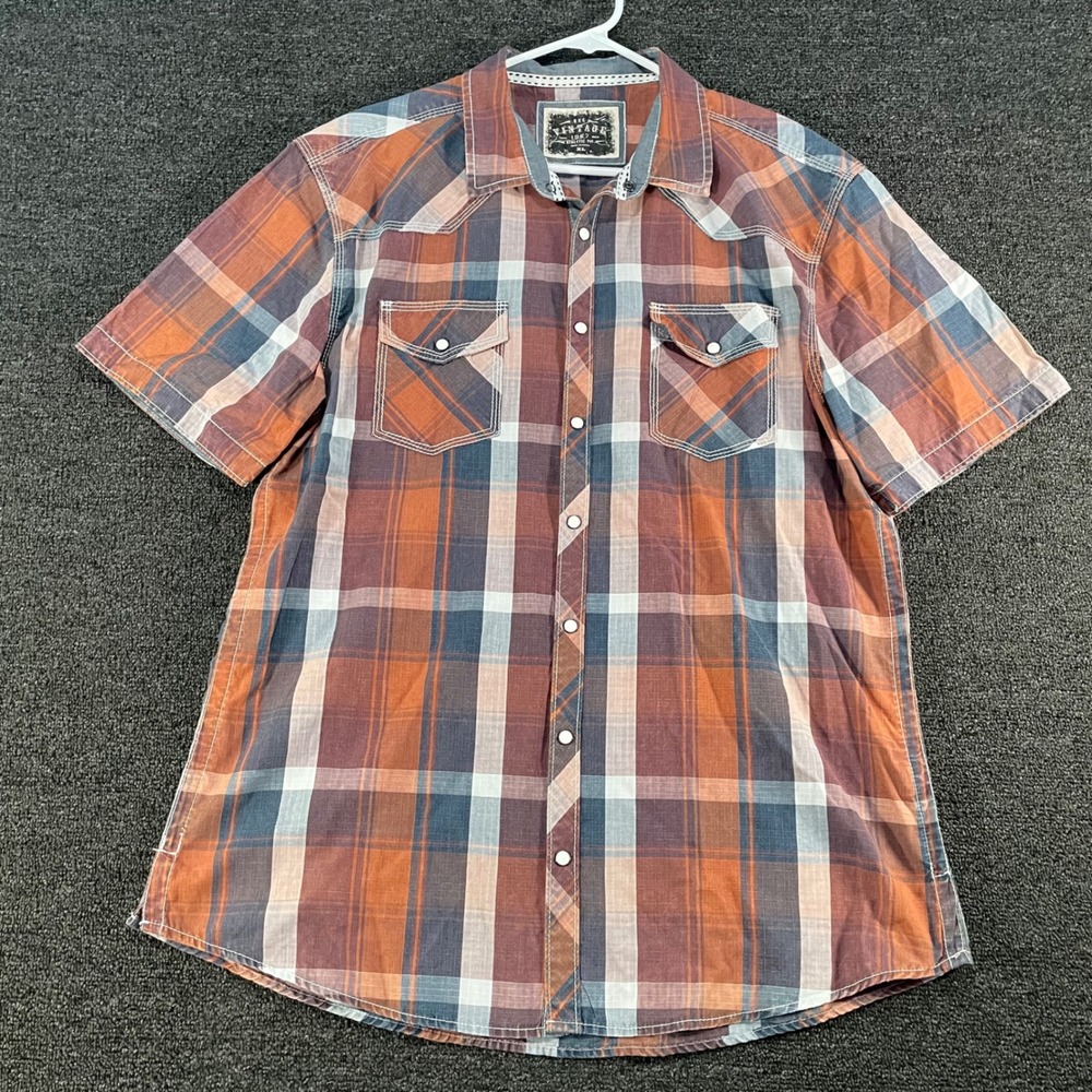 BKE Vintage Pearl Snap Shirt Mens XL Orange Plaid Good Athletic Fit Western